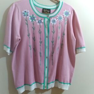 Bob Mackie Pink Floral Cardigan with Green Trim Preppy Wearable Art Large